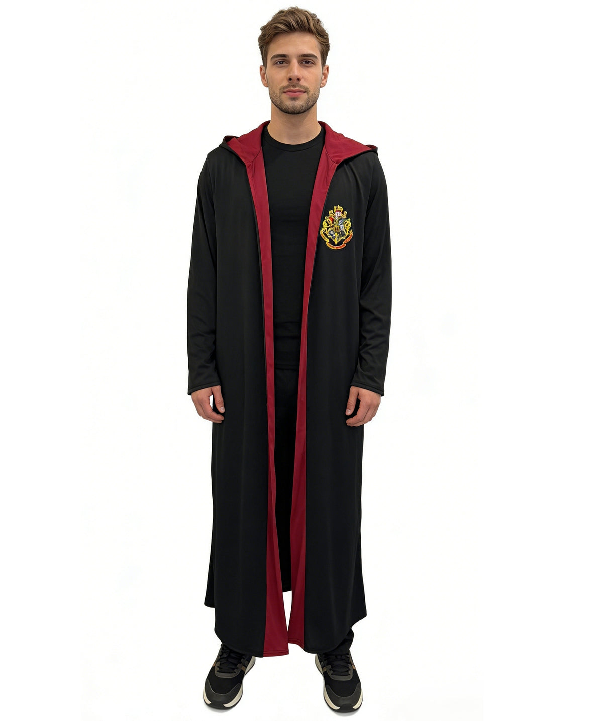 HPO Men's Wizard Academy Cape | Flowing Multicolor jersey construction featuring a long robe with a crest and red inner lining | Ideal for party, Halloween, cosplay, theater, drag, performance, costume events