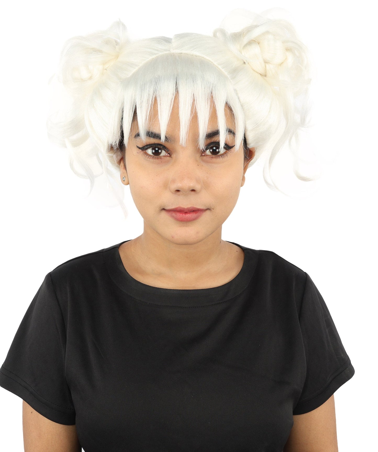HPO Adult Women’s Messy Twin Bun Wig with Graphic Bangs | Multiple Color Options | Edgy Wig for Cosplay, Fashion Events, Halloween & Stage Wear | Adjustable Cap, Lightweight Synthetic Fiber