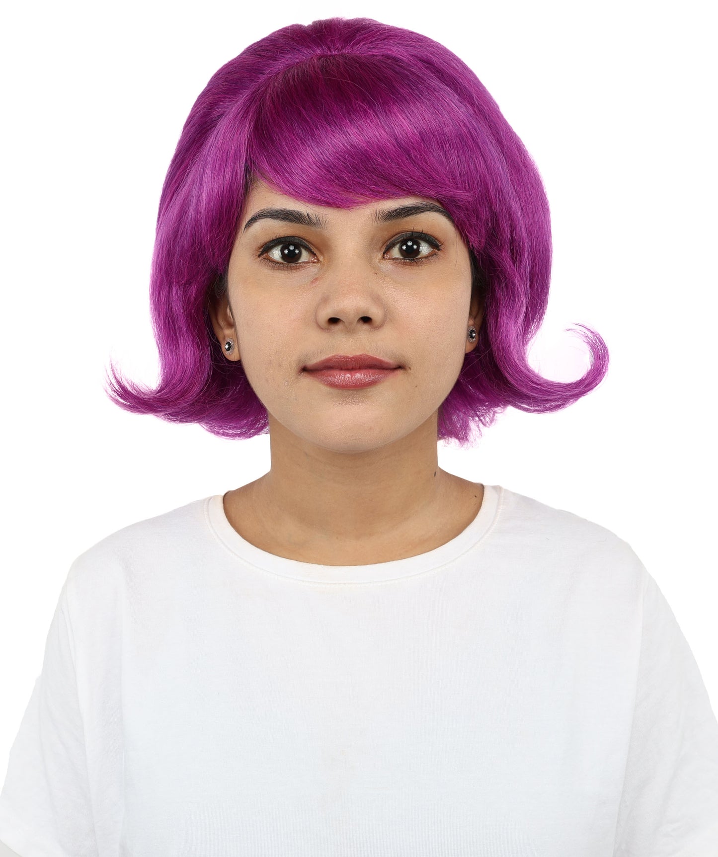 HPO Women’s 60s Flip Purple Wig with Bangs | Short Retro Hairstyle with Outward Curls | Vintage Costume Hairpiece for Halloween, Cosplay, Parties & Stage