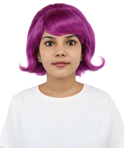 HPO Women’s 60s Flip Purple Wig with Bangs | Short Retro Hairstyle with Outward Curls | Vintage Costume Hairpiece for Halloween, Cosplay, Parties & Stage