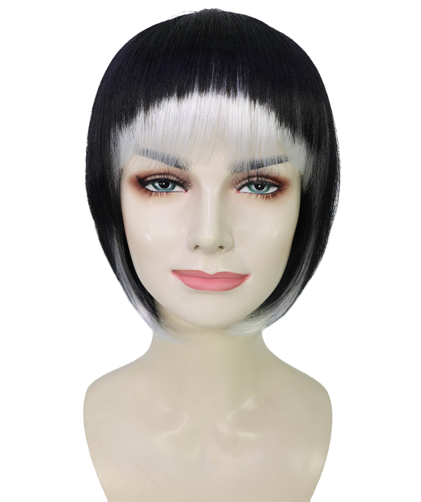 HPO Women's Black & White Carnival Halloween Roleplay Wig | Flame-resistant Synthetic Fiber with Capless Cap| Ideal for party, Halloween, cosplay, theater, drag, performance, costume events