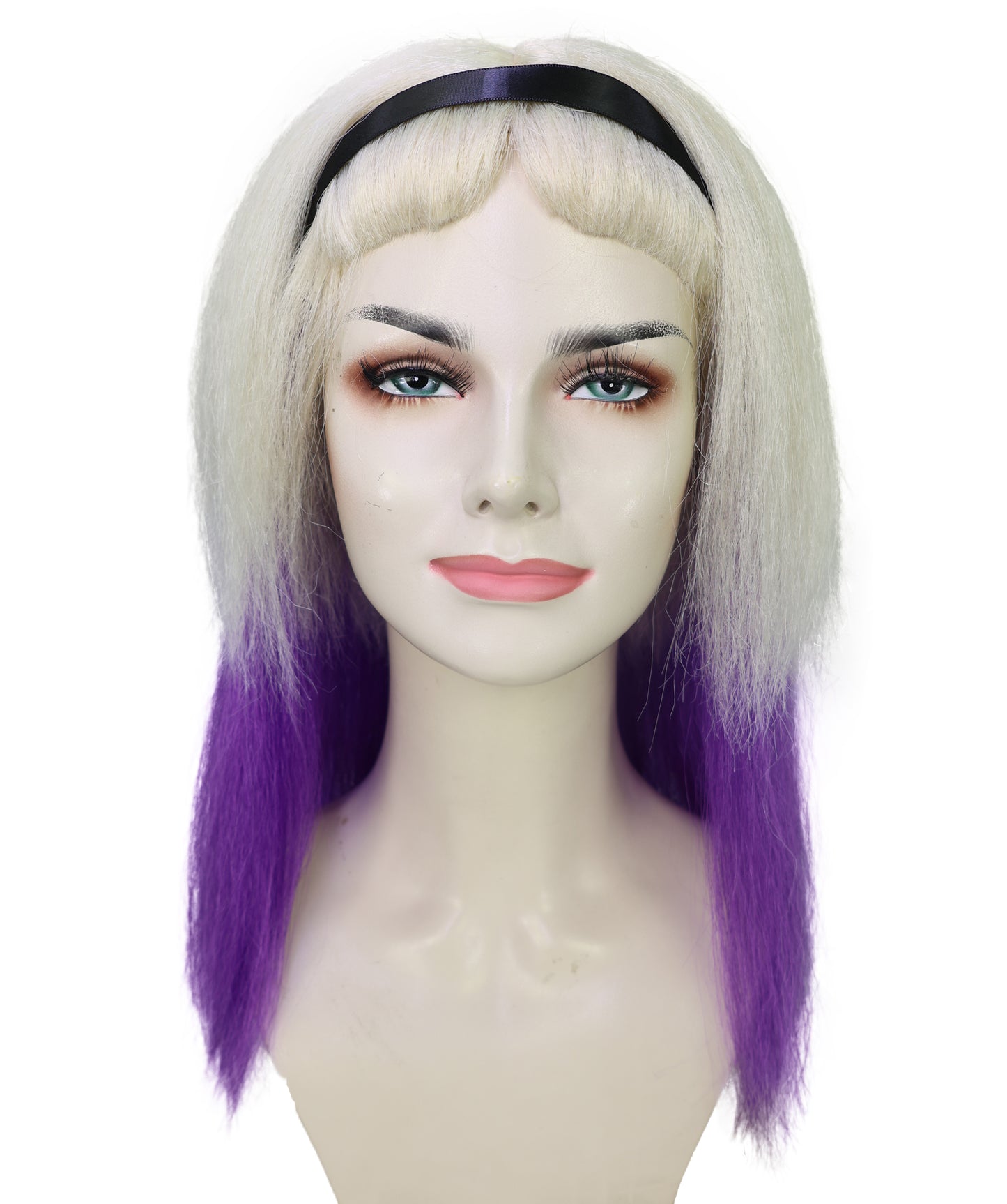 HPO Adult Women’s Long Blonde Gothic Wig with Purple Ombre and Black Headband | Inspired Villainess Hairpiece | Ideal for Halloween | Breathable Capless Cap
