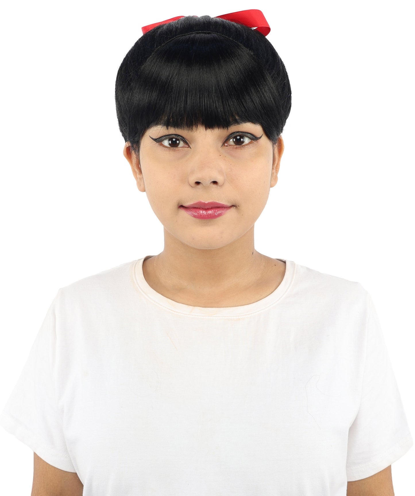 HPO Women's Spiral Ponytail Wig | Multicolor Options | High Updo with Red Ribbon Bow & Bangs, Heat Friendly Synthetic Fiber & Breathable Cap | Halloween, Christmas Event, Themed Party, Theater & Roleplay