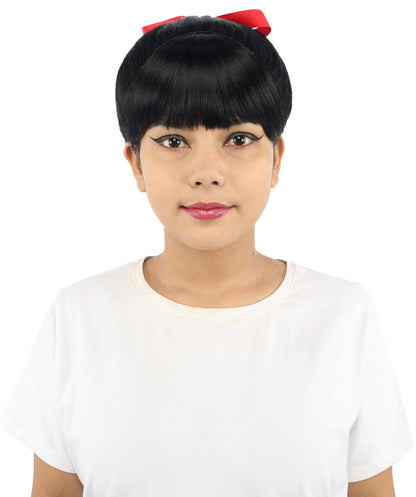 HPO Women's Spiral Ponytail Wig | Multicolor Options | High Updo with Red Ribbon Bow & Bangs, Heat Friendly Synthetic Fiber & Breathable Cap | Halloween, Christmas Event, Themed Party, Theater & Roleplay