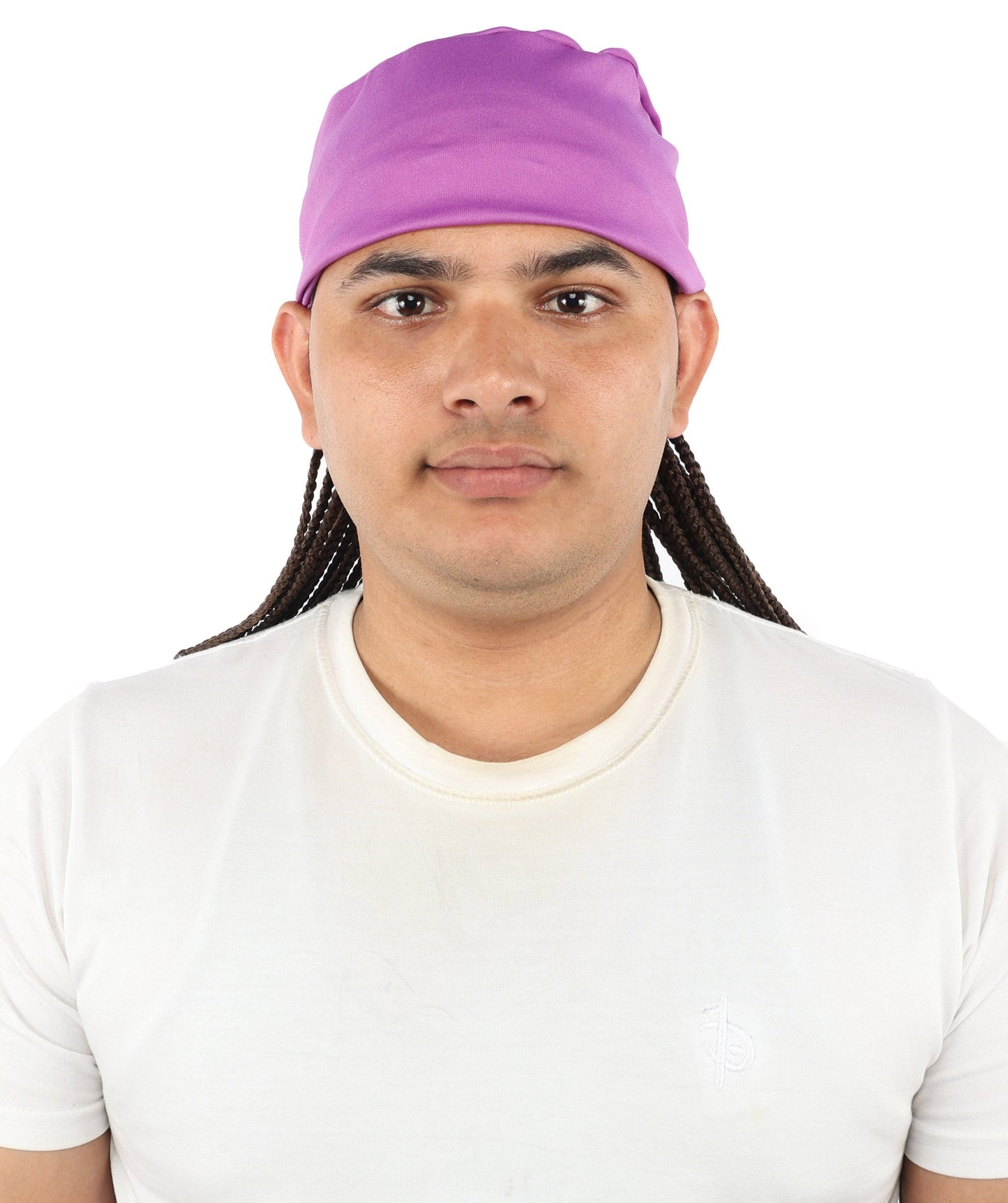 Men’s Movie Character Inspired Black Braided Wig with Purple Head Wrap Hat | Flame-retardant Synthetic Fiber | Ideal Hairpiece for Cosplay & Halloween