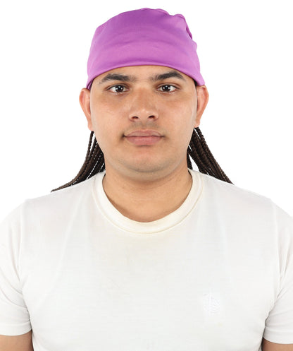 Men’s Movie Character Inspired Black Braided Wig with Purple Head Wrap Hat | Flame-retardant Synthetic Fiber | Ideal Hairpiece for Cosplay & Halloween