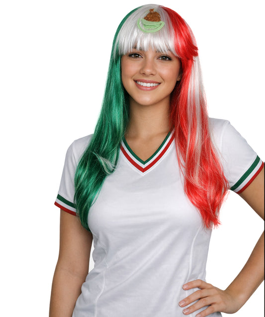 Mexico Flag Sport Party Long Bob Wig | National Pride | Premium Breathable Capless Cap