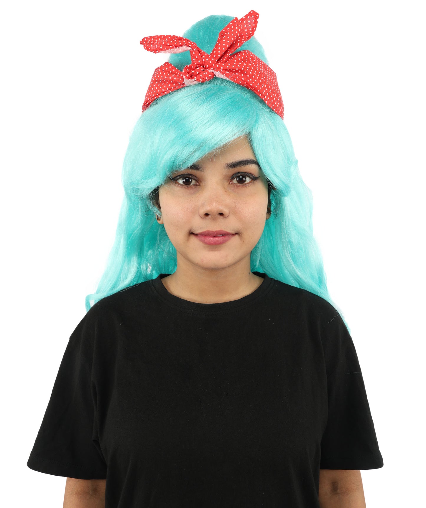 HPO Women’s Retro Beehive Wig with Red Bow | Multicolor Options | Extra Long Wavy Fancy Dress Accessory | Fancy Dress Accessory | Celebrity-Inspired Hair for Halloween, Cosplay & Music Tribute Parties