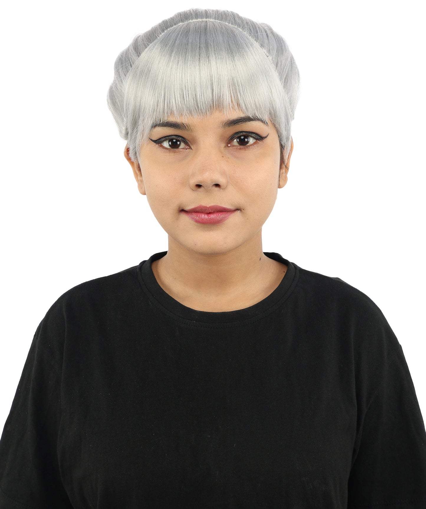 HPO Women's Spiral Ponytail Wig | Multicolor Options | High Updo with Red Ribbon Bow & Bangs, Heat Friendly Synthetic Fiber & Breathable Cap | Halloween, Christmas Event, Themed Party, Theater & Roleplay