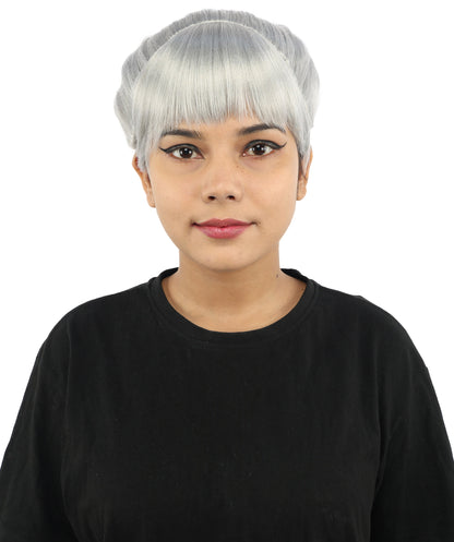 HPO Women's Spiral Ponytail Wig | Multicolor Options | High Updo with Red Ribbon Bow & Bangs, Heat Friendly Synthetic Fiber & Breathable Cap | Halloween, Christmas Event, Themed Party, Theater & Roleplay