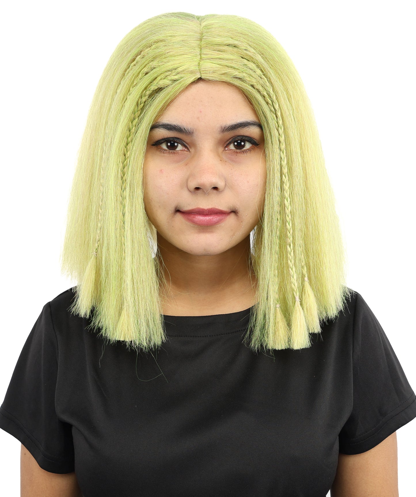 HPO Celebrity-Style 11 Inch Green Rooted Blonde Front Braided Straight Wig | Shoulder-Length Fun, Bold, and Stylish Hairpiece  | Ideal for Halloween, Cosplay, and Themed Parties
