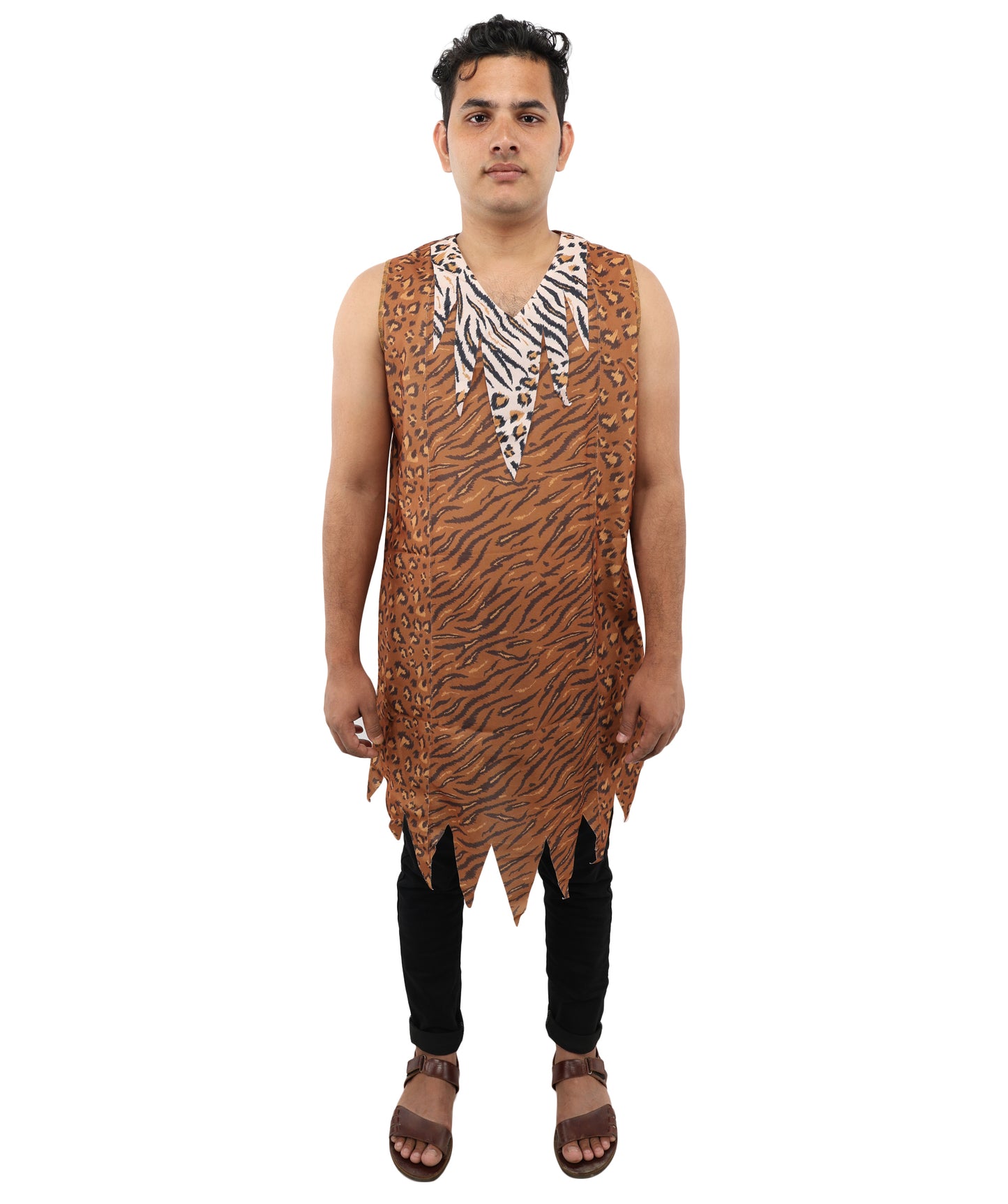 HPO Men’s Tiger-striped Prehistoric Caveman Tunic Costume | Sleeveless Jungle Outfit | Ideal for Halloween, Cosplay, and Theme Parties