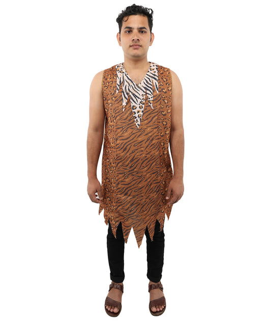 HPO Men’s Tiger-striped Prehistoric Caveman Tunic Costume | Sleeveless Jungle Outfit | Ideal for Halloween, Cosplay, and Theme Parties