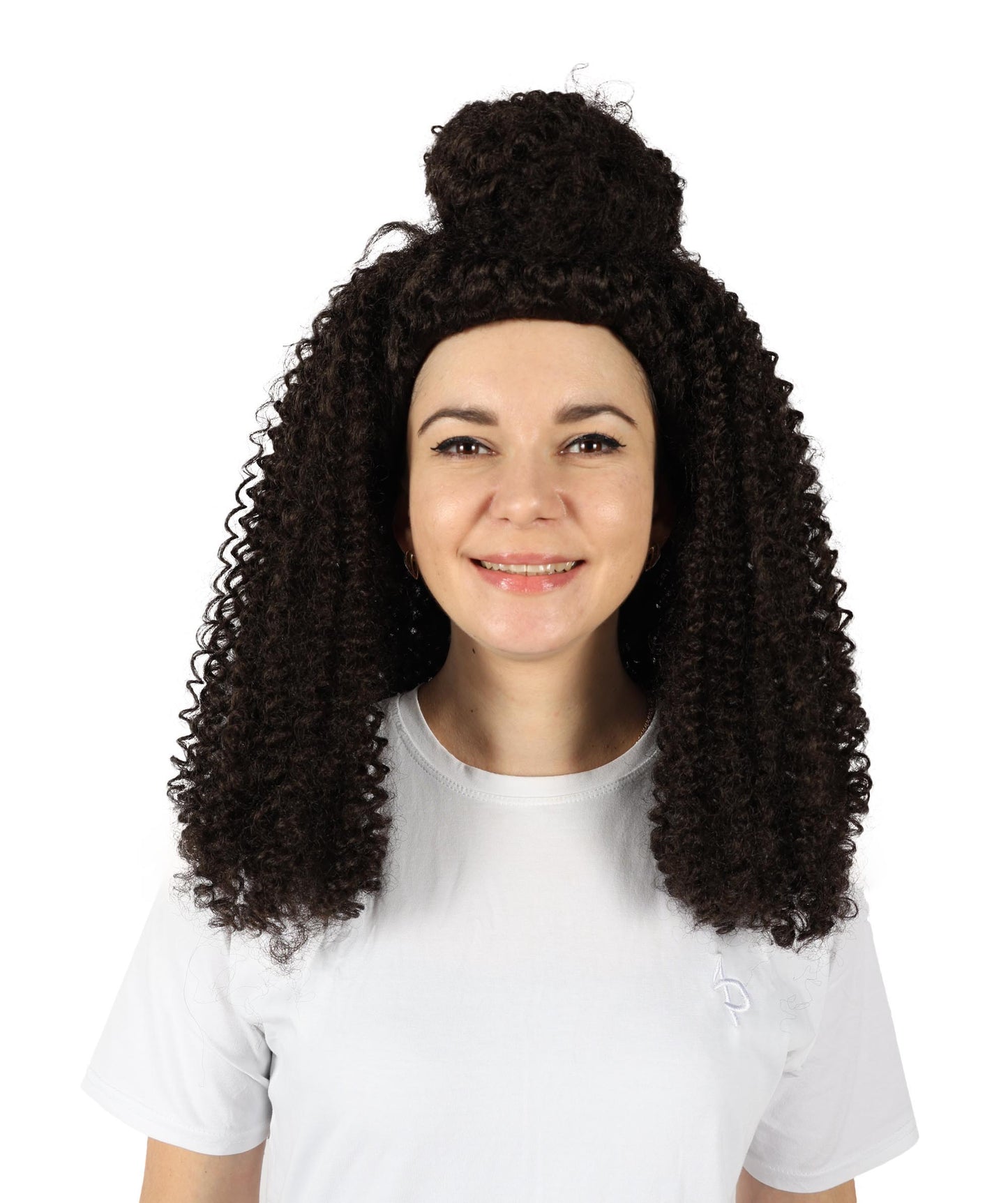 HPO Adult Women’s Voluminous Medium Brown Curly Half-Up Wig | Halloween and Cosplay Wig | Flame-retardant Synthetic Fiber