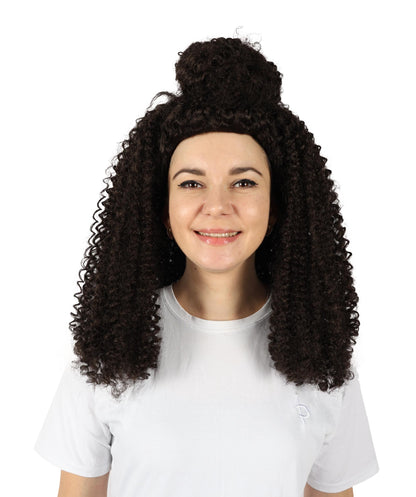 HPO Adult Women’s Voluminous Medium Brown Curly Half-Up Wig | Halloween and Cosplay Wig | Flame-retardant Synthetic Fiber