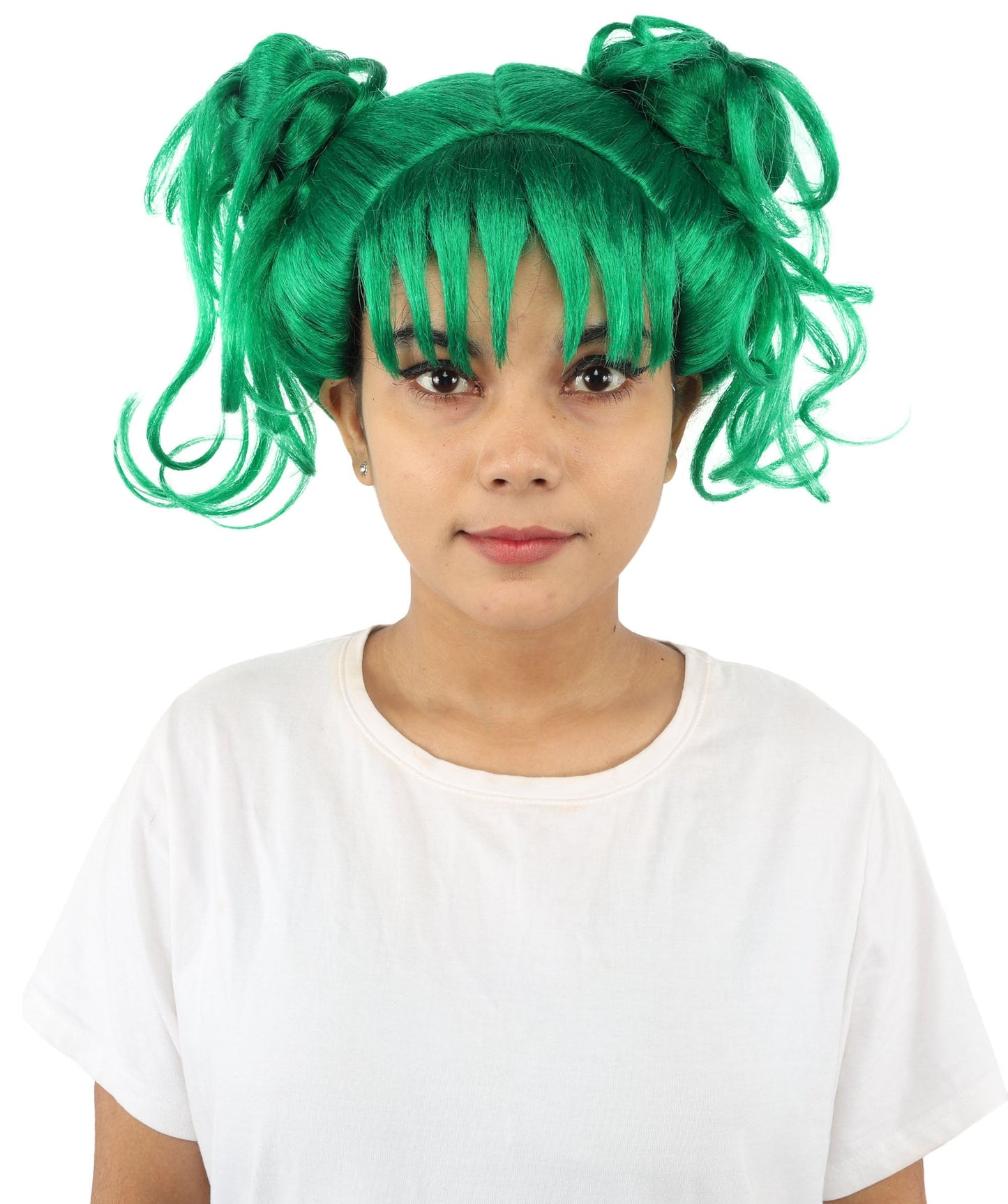 HPO Adult Women’s Messy Twin Bun Wig with Graphic Bangs | Multiple Color Options | Edgy Wig for Cosplay, Fashion Events, Halloween & Stage Wear | Adjustable Cap, Lightweight Synthetic Fiber