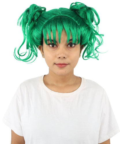 HPO Adult Women’s Messy Twin Bun Wig with Graphic Bangs | Multiple Color Options | Edgy Wig for Cosplay, Fashion Events, Halloween & Stage Wear | Adjustable Cap, Lightweight Synthetic Fiber