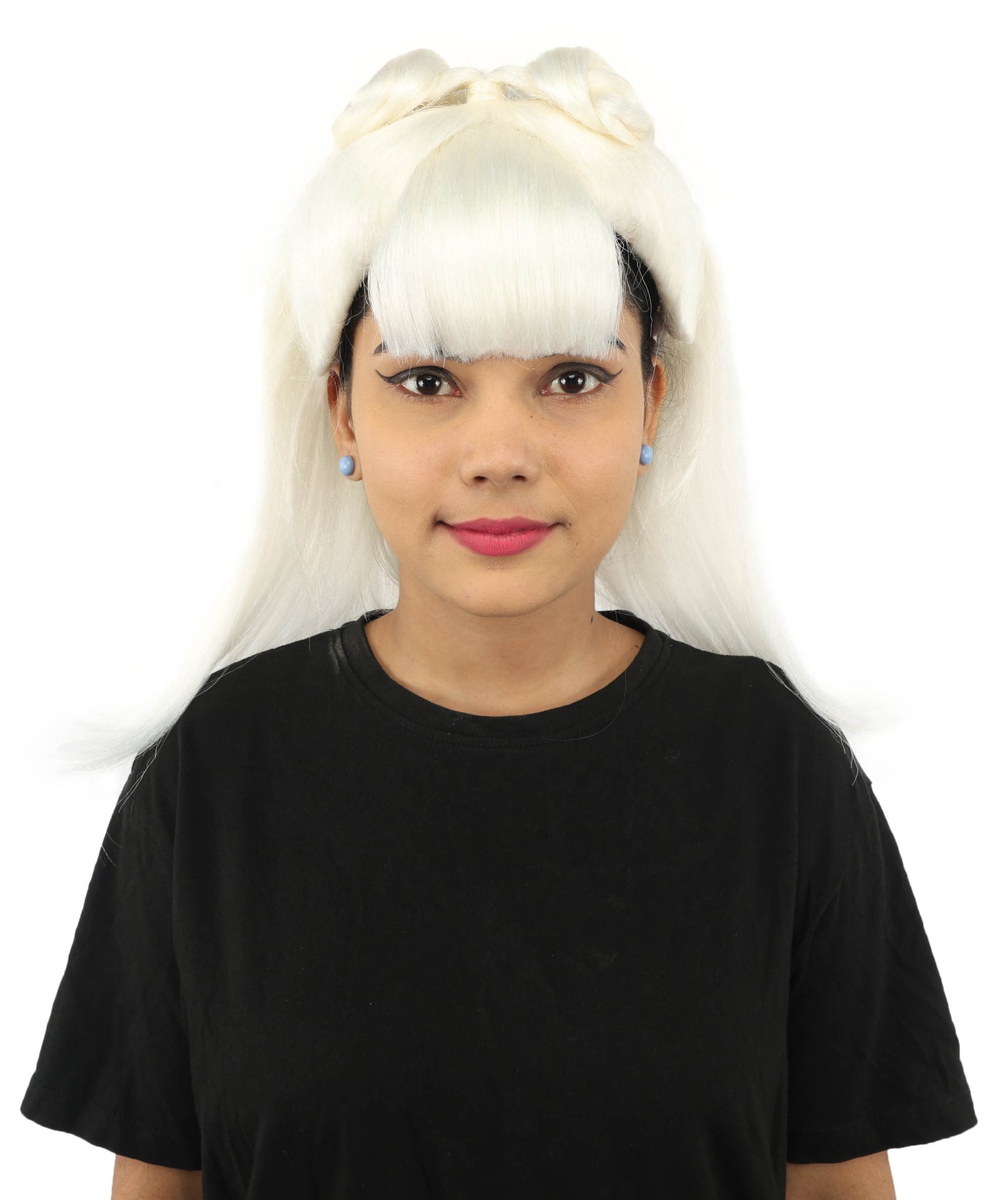 HPO Women's Brown & Pink Half Updo Bangs Wig | Create of synthetic fiber, blunt fringe with top bow, breathable base | Party, Halloween, theater, drag, performance, costume events