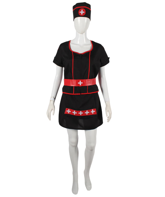 HPO Women's Black Mini Dress Nurse Costume Set | Suitable for Halloween | Flame-retardant Synthetic Fabric