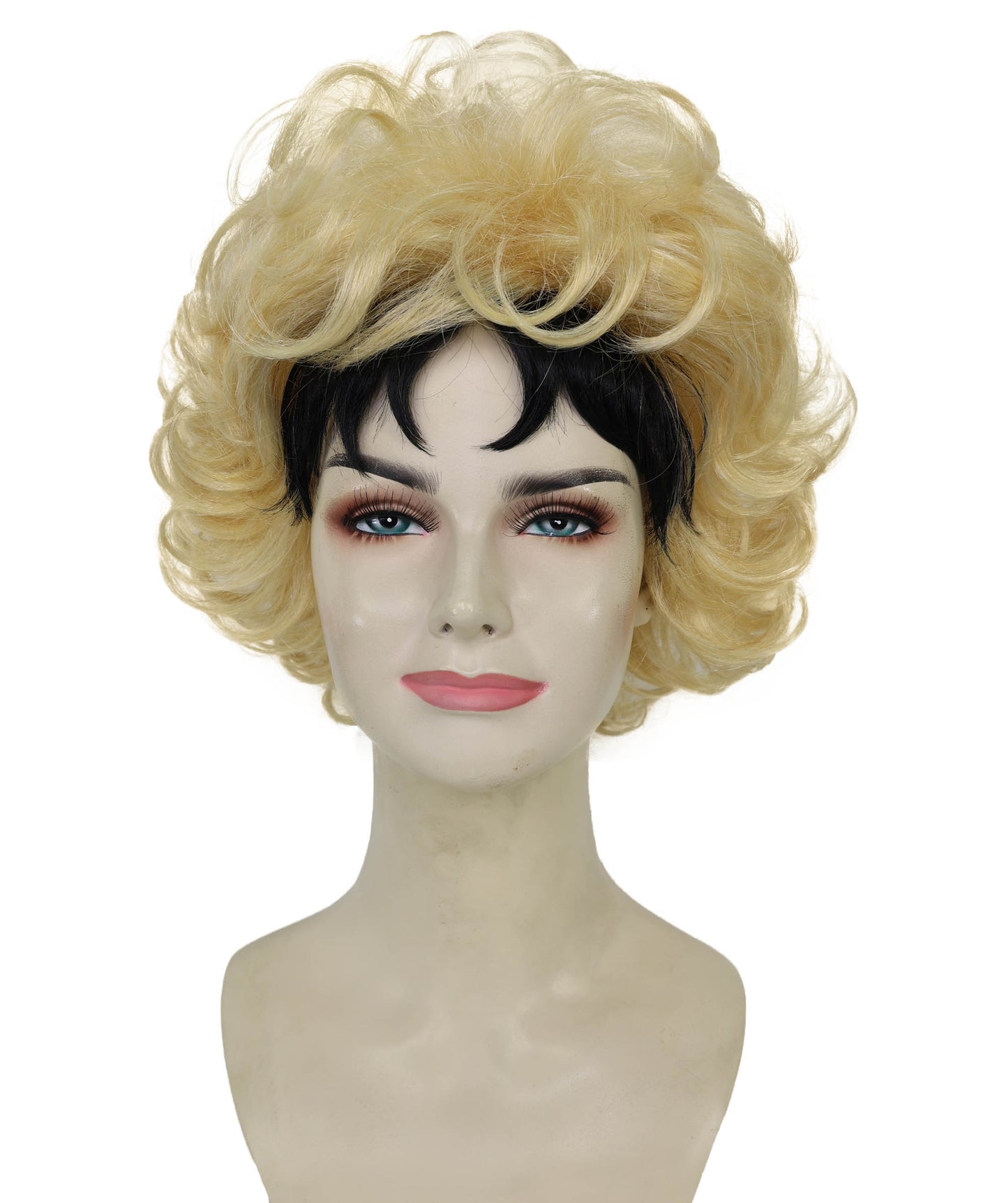 HPO Adult Women’s Golden Blonde Curly Wig with Dark Roots | High-Fashion Editorial Style | Ideal for Halloween | Breathable Capless Cap