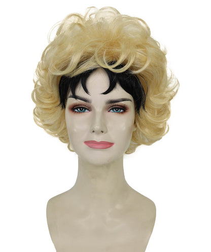 HPO Adult Women’s Golden Blonde Curly Wig with Dark Roots | High-Fashion Editorial Style | Ideal for Halloween | Breathable Capless Cap