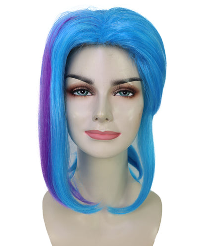 HPO Women’s Medium Ponytail Style Blue Wig with Purple Streaks | Halloween and Wig | Flame-retardant Synthetic Fiber