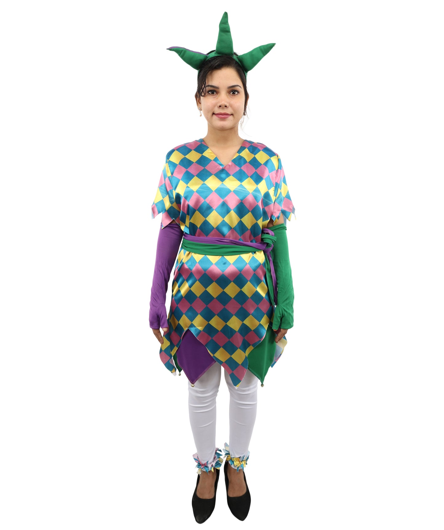HPO Women's Sequin Jester Dress Costume – Multicolor Jester Style Outfit with Diamond Pattern | Party, Cosplay & Festival Wear