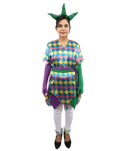 HPO Women's Sequin Jester Dress Costume – Multicolor Jester Style Outfit with Diamond Pattern | Party, Cosplay & Festival Wear