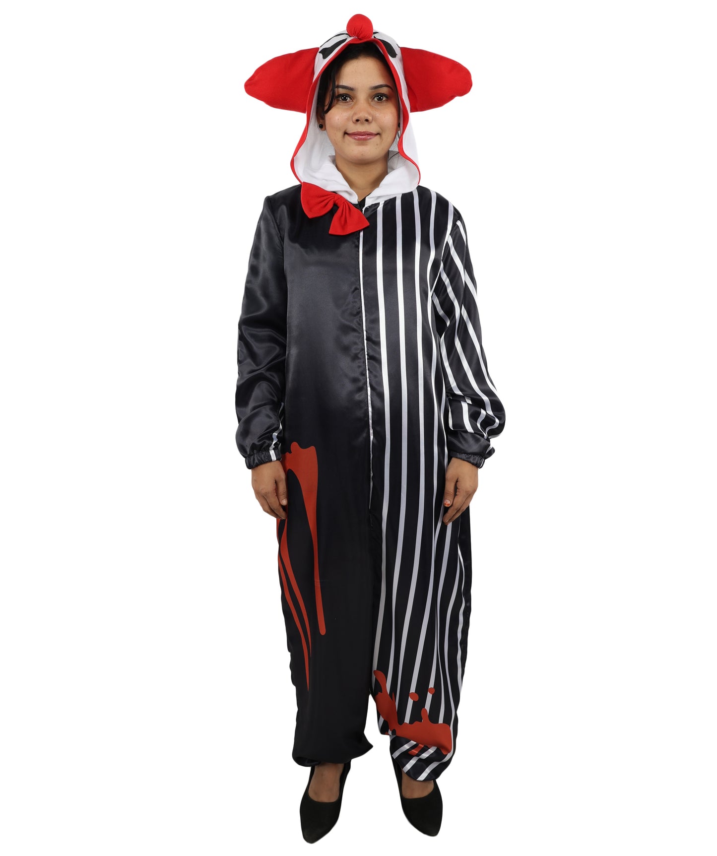 HPO Women's Classic Clown Style Costume – Multicolor & Striped Full Body Jumpsuit | Halloween Theme, Party Outfit & Cosplay Wear