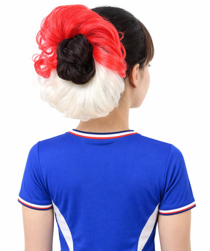 HPO Women's International Flag Hair Scrunchie Blonde and Red | Crafted from Flame-retardant Synthetic Febric | Ideal for party, Halloween, cosplay, theater, drag, performance, costume events