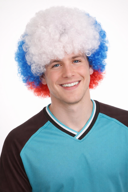 France Sport Afro Fun Wig | Red Blue White Afro Sports Wig