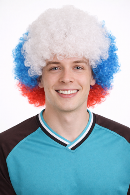 France Sport Afro Fun Wig | Red Blue White Afro Sports Wig