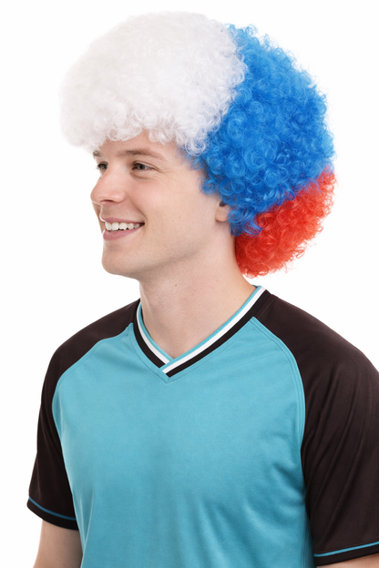 France Sport Afro Fun Wig | Red Blue White Afro Sports Wig