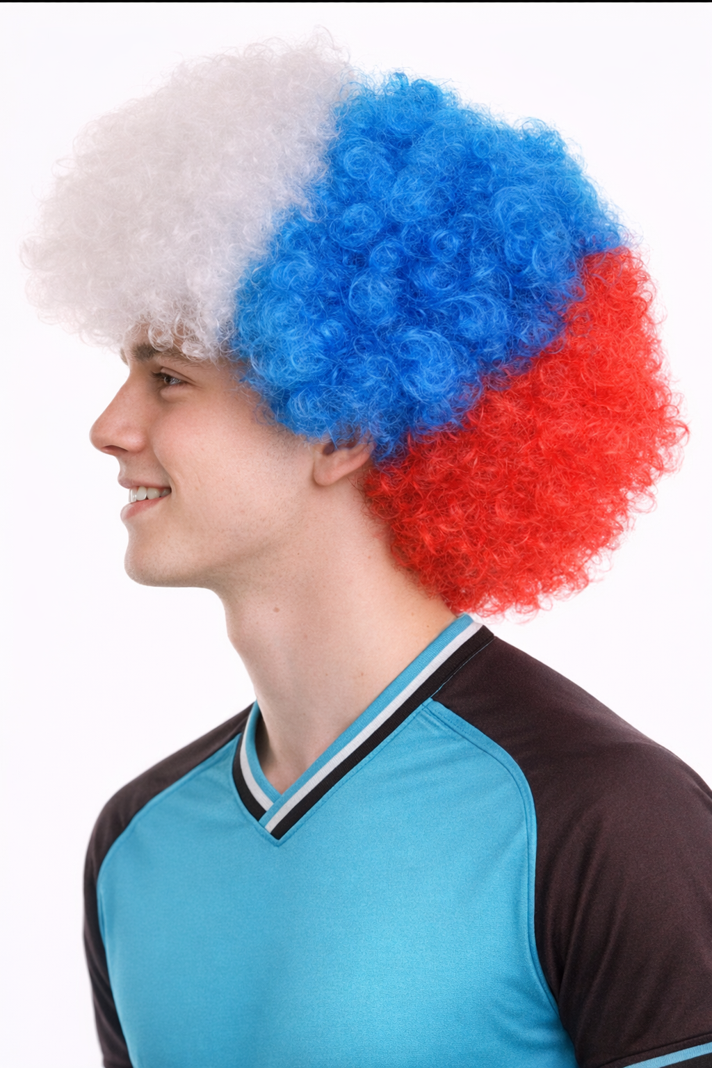 France Sport Afro Fun Wig | Red Blue White Afro Sports Wig