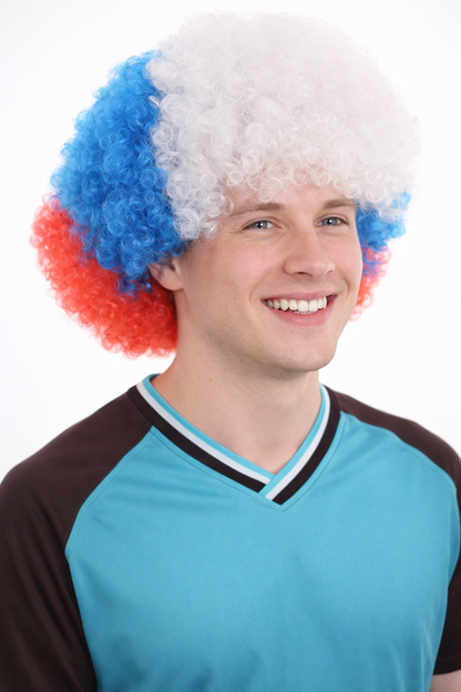 France Sport Afro Fun Wig | Red Blue White Afro Sports Wig
