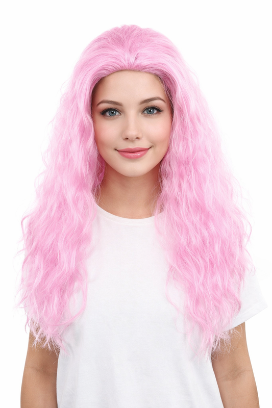 HPO Women’s Pink Long Wavy Wig | 25 Inch Long Hair with Capless Cap Design | Ideal for Playful at Halloween Cosplay, and Themed Parties