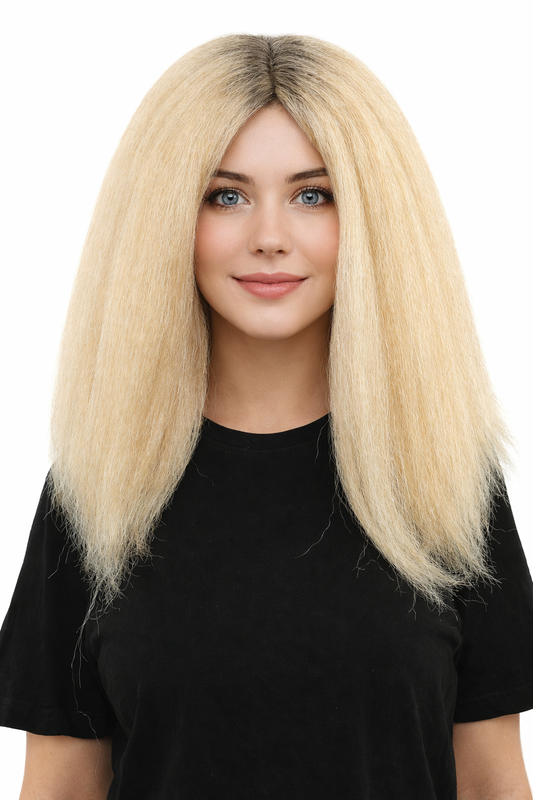 HPO Women's Long Rounded Cartoon Hair Wig | Black & Blonde Bubble Bob, Deep Side Part, Heat Friendly Synthetic Strands & Breathable Net | Fancy Dress, Stage Show, Animated Character Events, Halloween & Festival