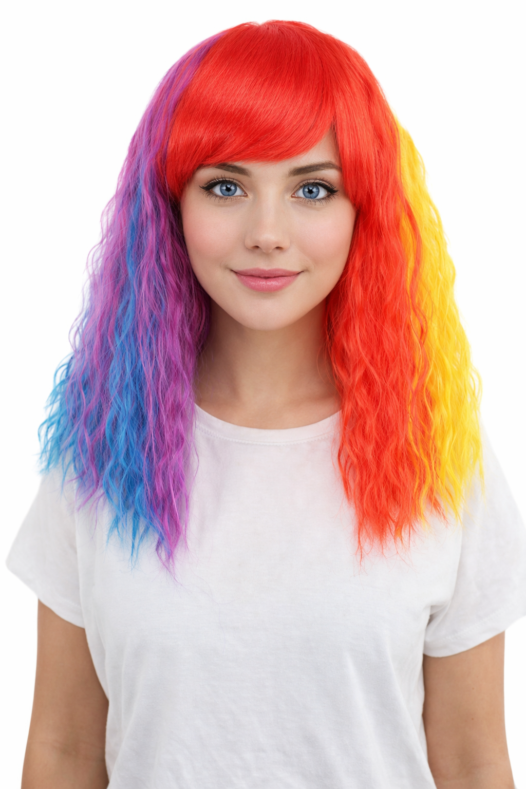HPO Women’s 17 Inch Curly Rainbow Wig with Side Bangs—Colorful Long Hairpiece with breathable Capless Cap | Ideal for Halloween, Cosplay, Pride and Drag Shows