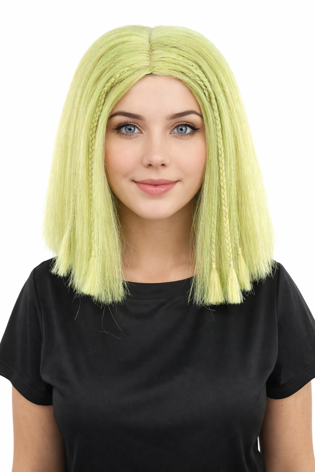 HPO Celebrity-Style 11 Inch Green Rooted Blonde Front Braided Straight Wig | Shoulder-Length Fun, Bold, and Stylish Hairpiece  | Ideal for Halloween, Cosplay, and Themed Parties