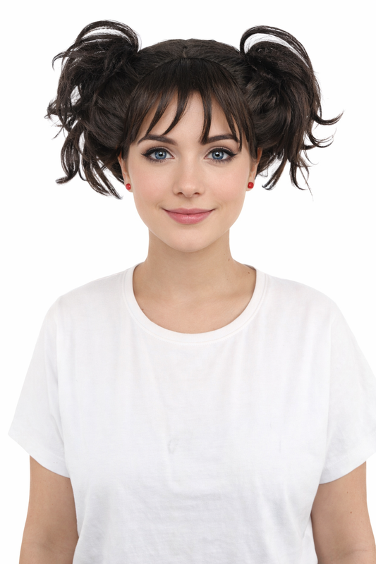 HPO Women’s Messy Twin Bun Wig with Graphic Bangs | Edgy Chocolate Brown Wig for Cosplay, Fashion Events, Halloween & Stage Wear | Adjustable Cap, Lightweight Synthetic Fiber