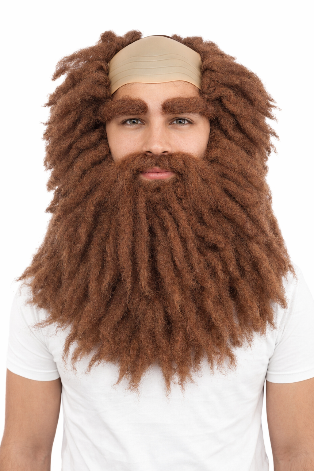 HPO Men's Bushy Brown Curly Beard Moustache Eyebrow and Wig Set | Wild Hair Look Costume Accessory with Bald Cap Design | Synthetic Fiber Wig Ideal for Stage Shows, Dress-Up & Party Events