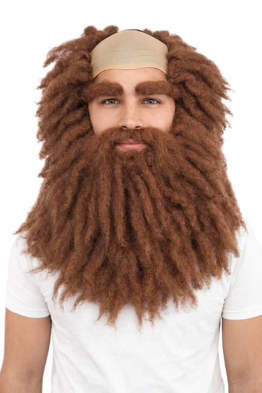 HPO Men's Bushy Brown Curly Beard Moustache Eyebrow and Wig Set | Wild Hair Look Costume Accessory with Bald Cap Design | Synthetic Fiber Wig Ideal for Stage Shows, Dress-Up & Party Events