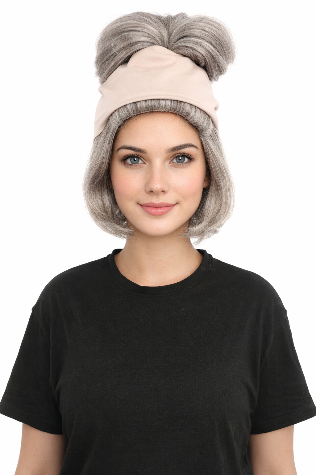 HPO Women’s 14” Grey Beehive Wig with Beige Headwrap | Capless Synthetic Hairpiece | Inspired Look for Halloween Cosplay and Party Events