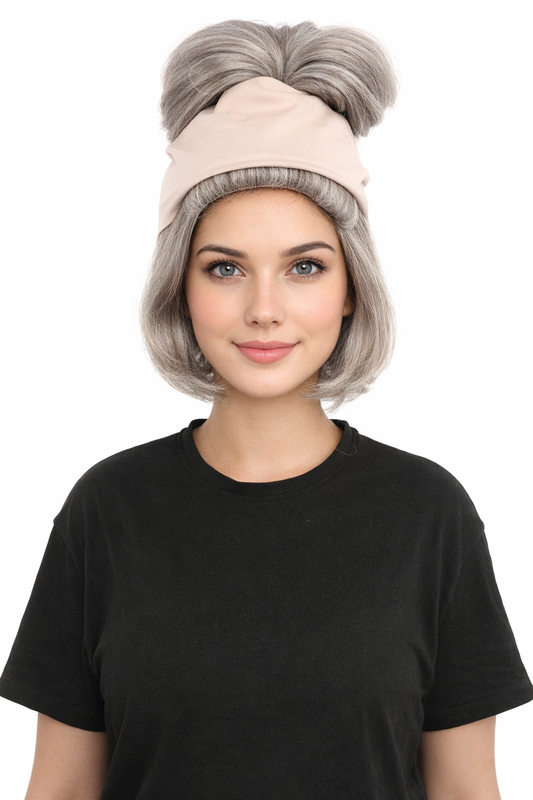 HPO Women’s 14” Grey Beehive Wig with Beige Headwrap | Capless Synthetic Hairpiece | Inspired Look for Halloween Cosplay and Party Events