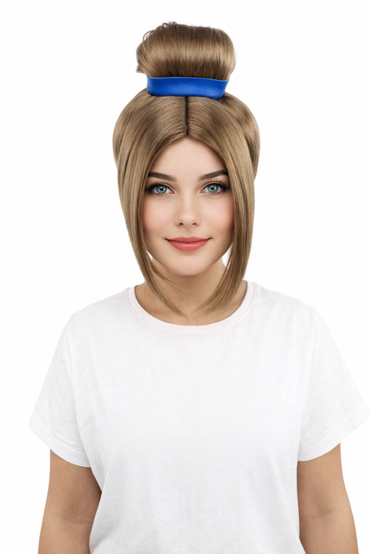 HPO Women’s Historical Tall Bun Wig with Blue Ribbon and Side Bangs | 12 Inch Synthetic Costume Hairpiece | Capless Cap Wig for Theater, Cosplay, Halloween Events
