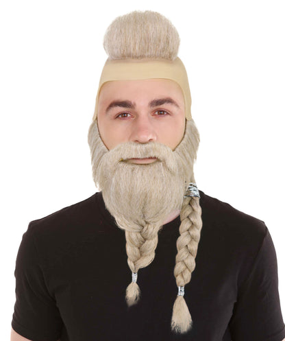 HPO Men's Viking Warrior Wig Mustache & Beard Set | Long Blonde Braided Hair with Mohawk and Tied Beard | Accessories for Halloween Cosplay & Festivals