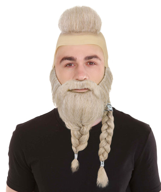 HPO Men's Viking Warrior Wig Mustache & Beard Set | Long Blonde Braided Hair with Mohawk and Tied Beard | Accessories for Halloween Cosplay & Festivals