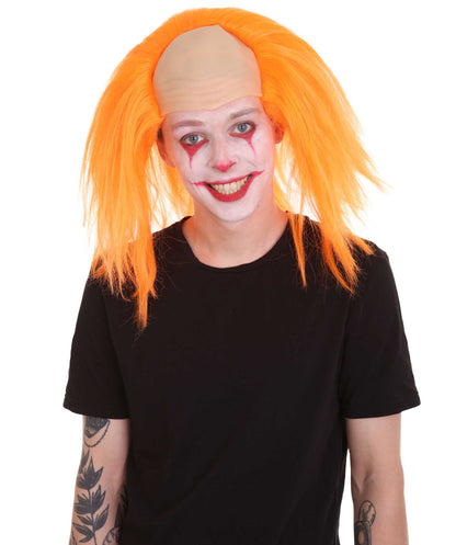 HPO  Men’s Horror Movie Scary Clown Half Bald Wig, Multi Color Option,  Perfect for Halloween, Soft Flame-retardant Synthetic Fiber