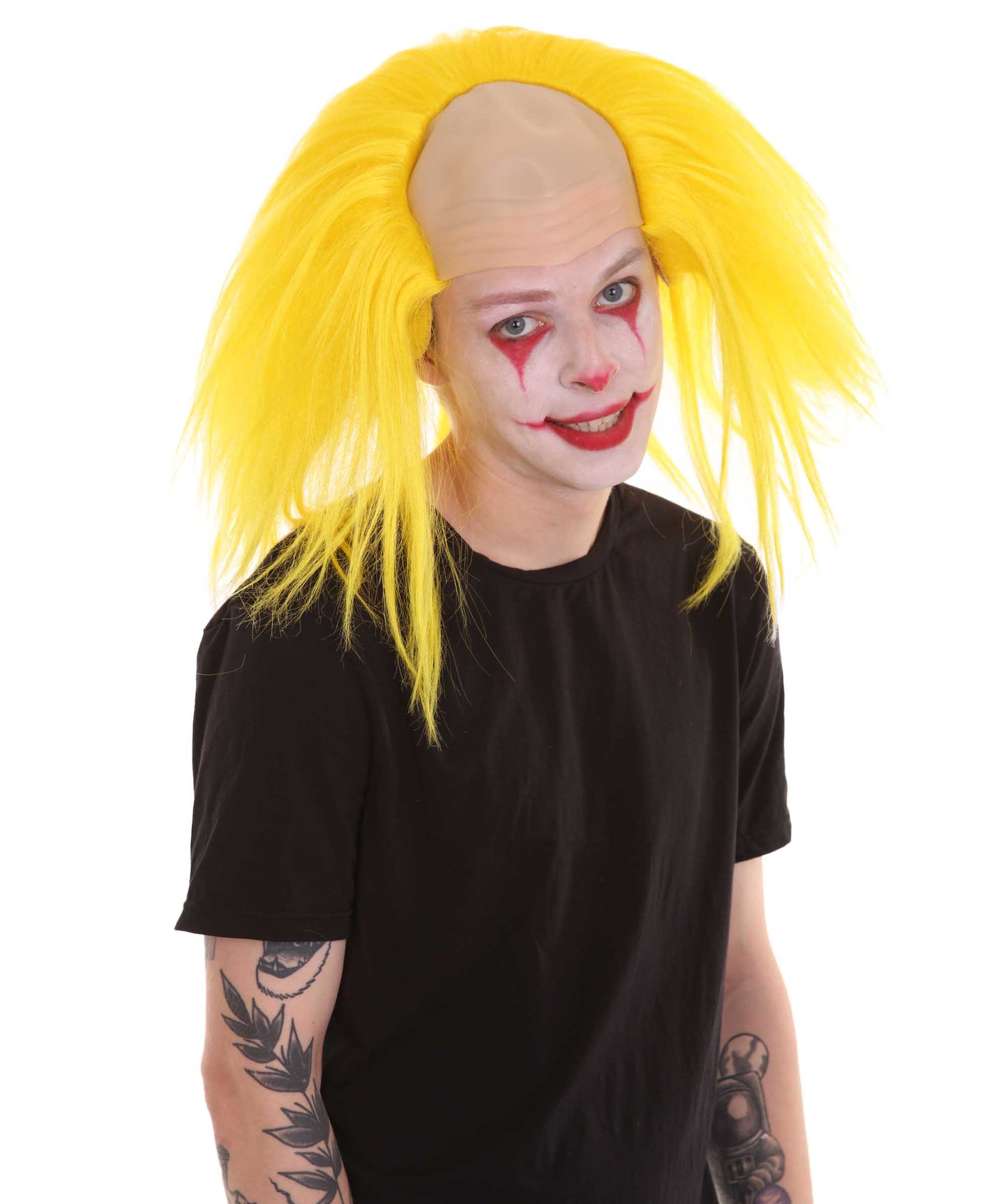 HPO  Men’s Horror Movie Scary Clown Half Bald Wig, Multi Color Option,  Perfect for Halloween, Soft Flame-retardant Synthetic Fiber