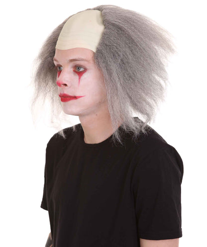 HPO  Men’s Horror Movie Scary Clown Half Bald Wig, Multi Color Option,  Perfect for Halloween, Soft Flame-retardant Synthetic Fiber